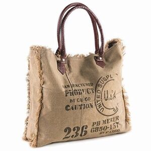 Mona B Upcycled Canvas Tote Bag Military Stencil Weekender Vegan Leather